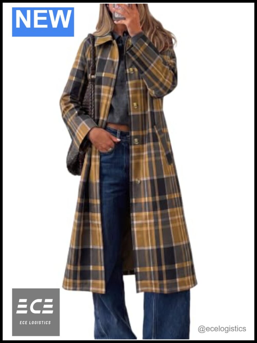 Womens Plaid Trench Coat Lapel Single Breasted Long Jacket Fall